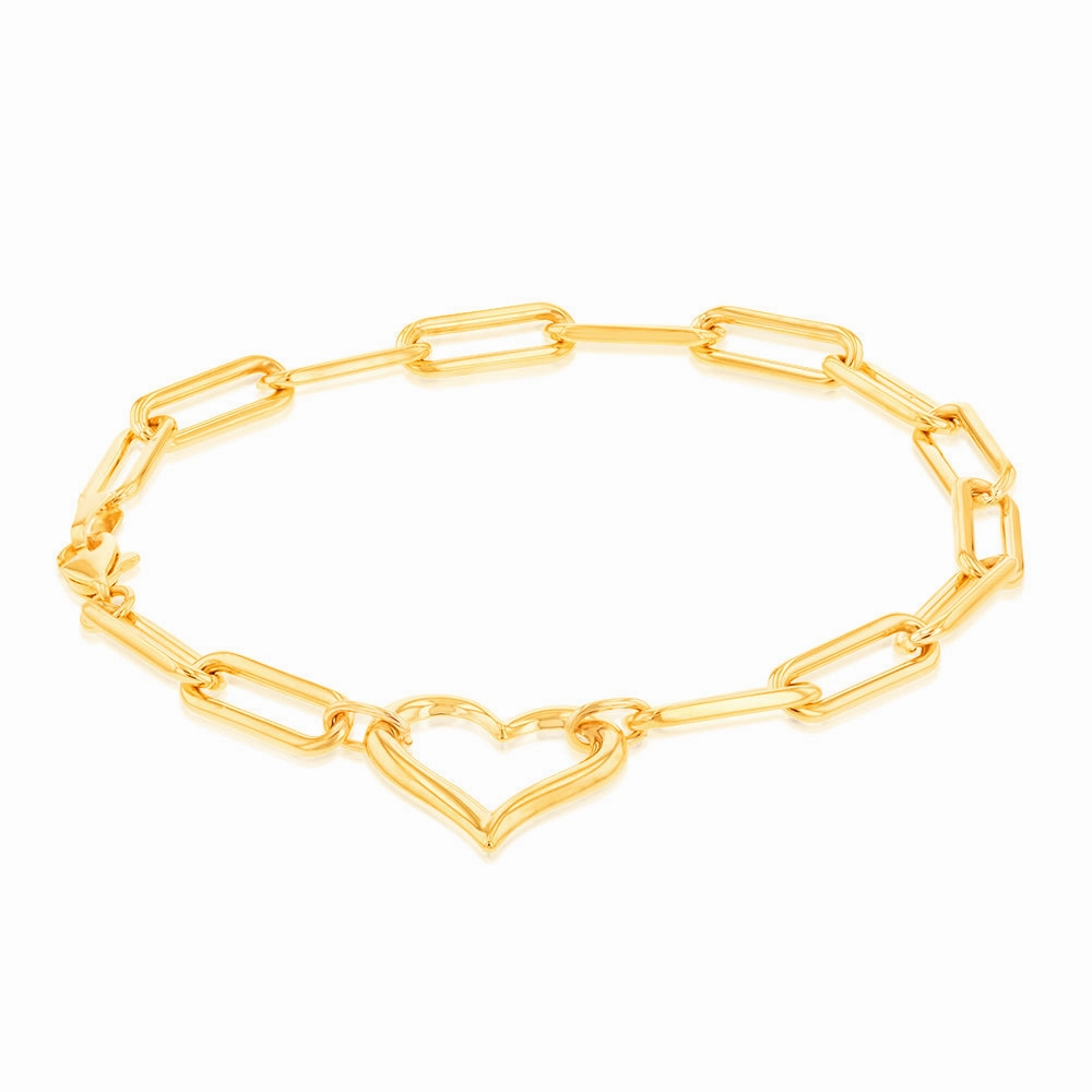 9ct Yellow Gold Open Heart Paperclip 19.7cm Bracelet