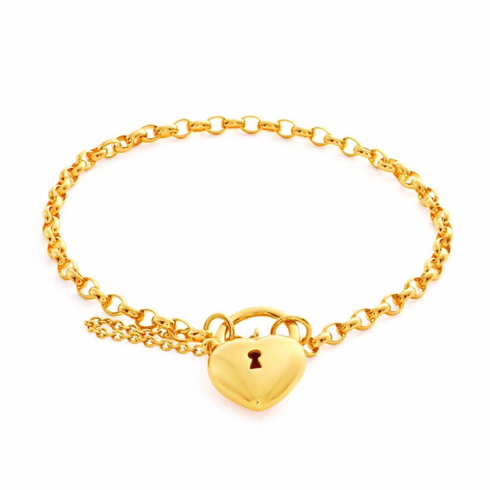 9ct Yellow Gold Oval Belcher Plain Heart Charm Padlock 19cm Bracelet