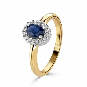 9ct Yellow Gold Oval Cut Sapphire & Round Brilliant Cut Diamond Halo Cluster Ring
