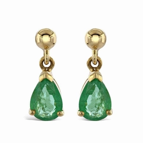 9ct Yellow Gold Pear Cut Emerald Drop Earrings