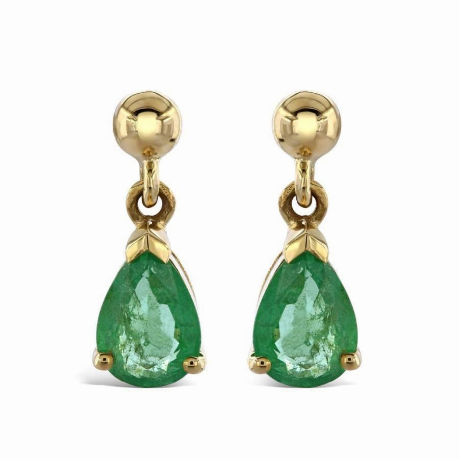 9ct Yellow Gold Pear Cut Emerald Drop Earrings