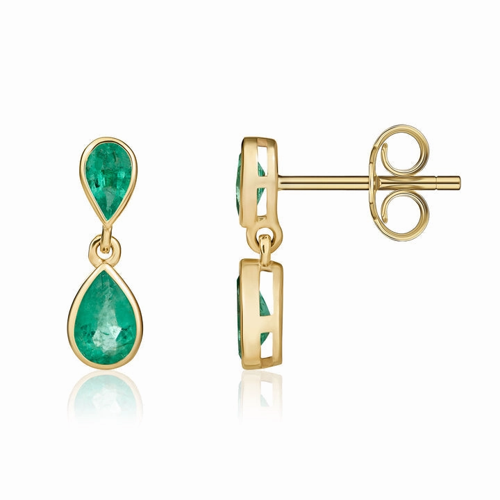 9ct yellow gold pear-shaped Emerald 2-stone rubover set drop earrings