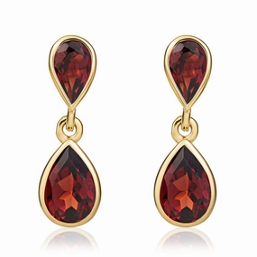 9ct yellow gold pear shaped garnet drop earrings
