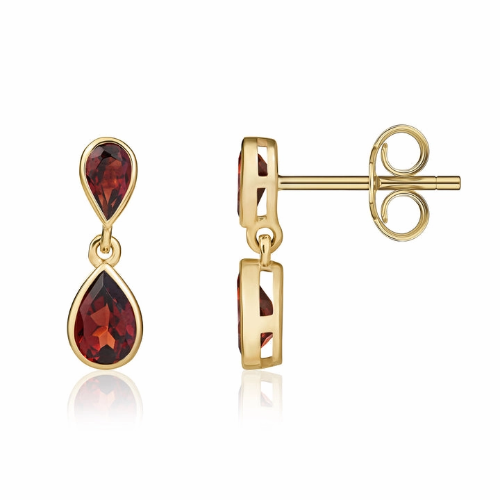 9ct yellow gold pear shaped garnet drop earrings