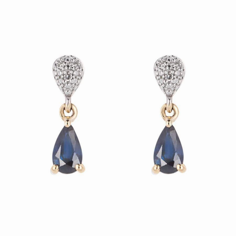 9ct Yellow Gold Pear-Shaped Sapphire & Diamond Drop Earrings