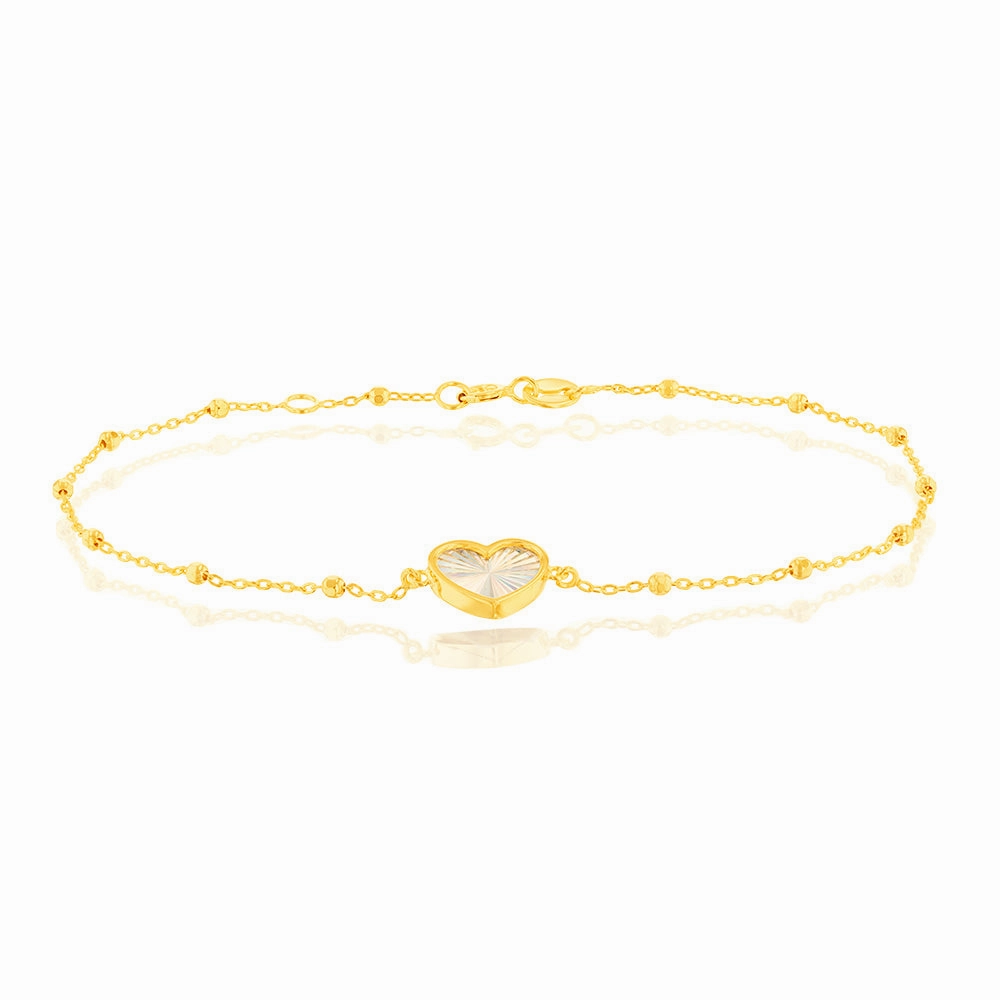 9ct Yellow Gold Rainbow Heart Trace And Ball 19cm Bracelet