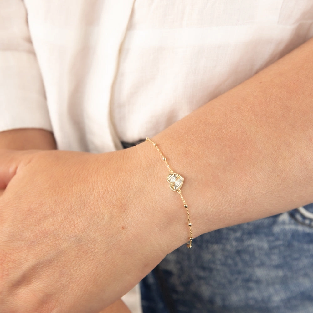 9ct Yellow Gold Rainbow Heart Trace And Ball 19cm Bracelet
