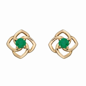 9ct Yellow Gold Round Cut Emerald Flower Stud Earrings