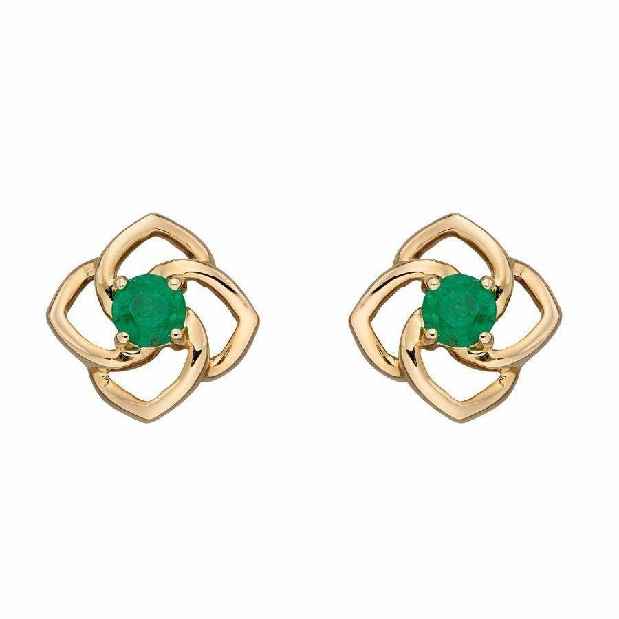 9ct Yellow Gold Round Cut Emerald Flower Stud Earrings