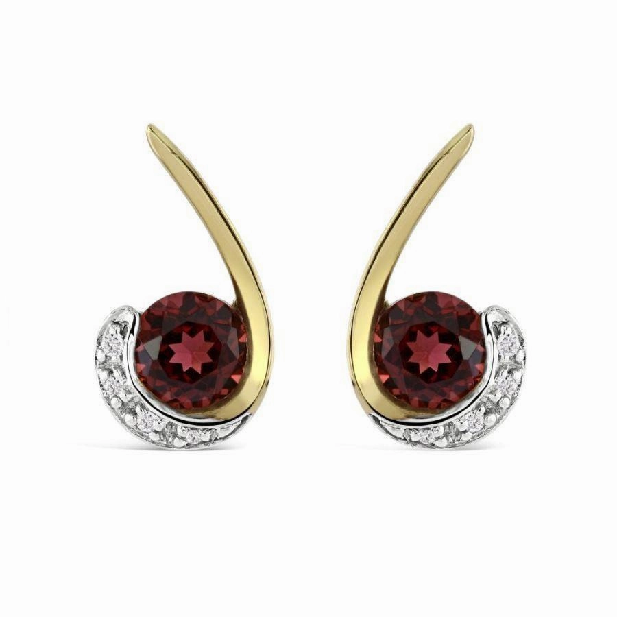 9ct Yellow Gold Round Cut Garnet & Diamond Swirl Stud Earrings