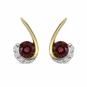 9ct Yellow Gold Round Cut Garnet & Diamond Swirl Stud Earrings