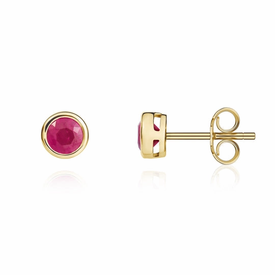 9ct Yellow Gold Round Ruby Rubover Stud Earrings 4mm