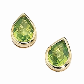 9ct Yellow Gold Rubover Set Pear Cut Peridot Stud Earrings