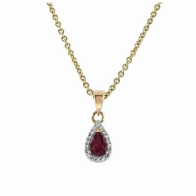 9ct Yellow Gold Ruby and Diamond Tear Drop Cluster Pendant
