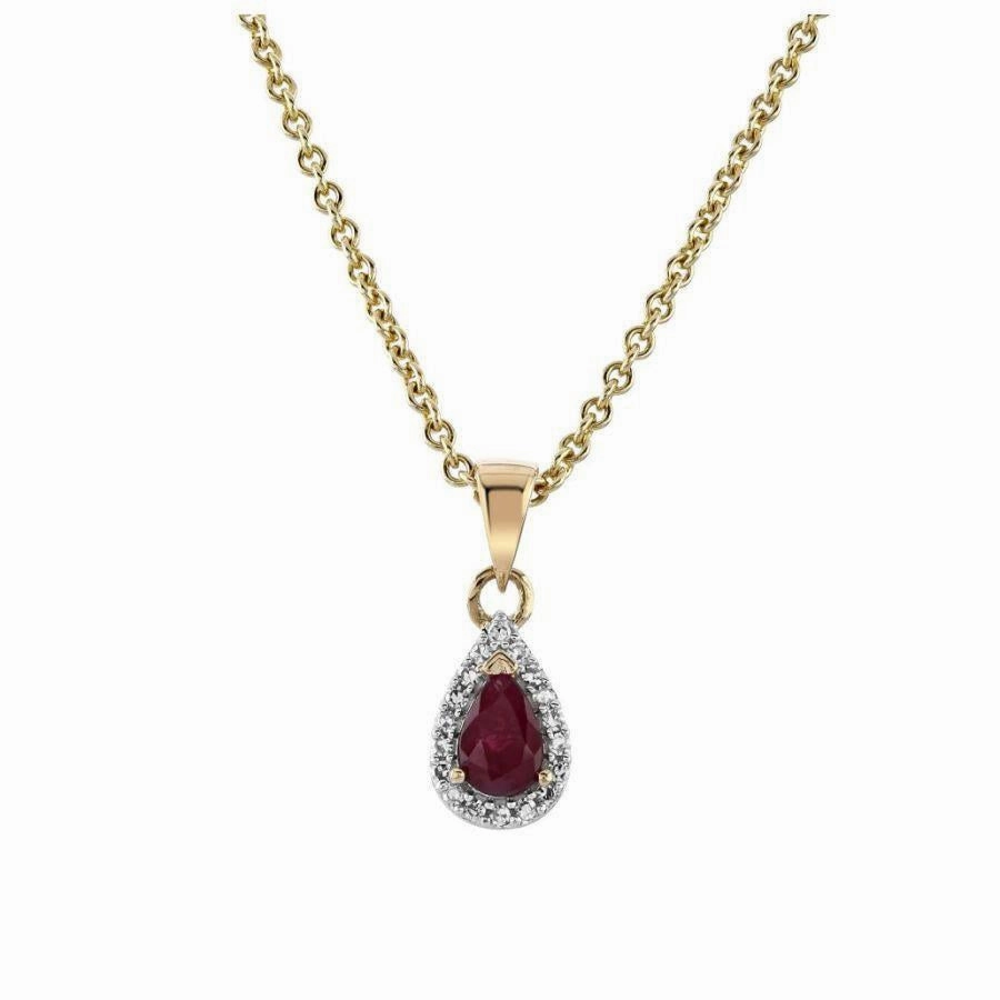 9ct Yellow Gold Ruby and Diamond Tear Drop Cluster Pendant