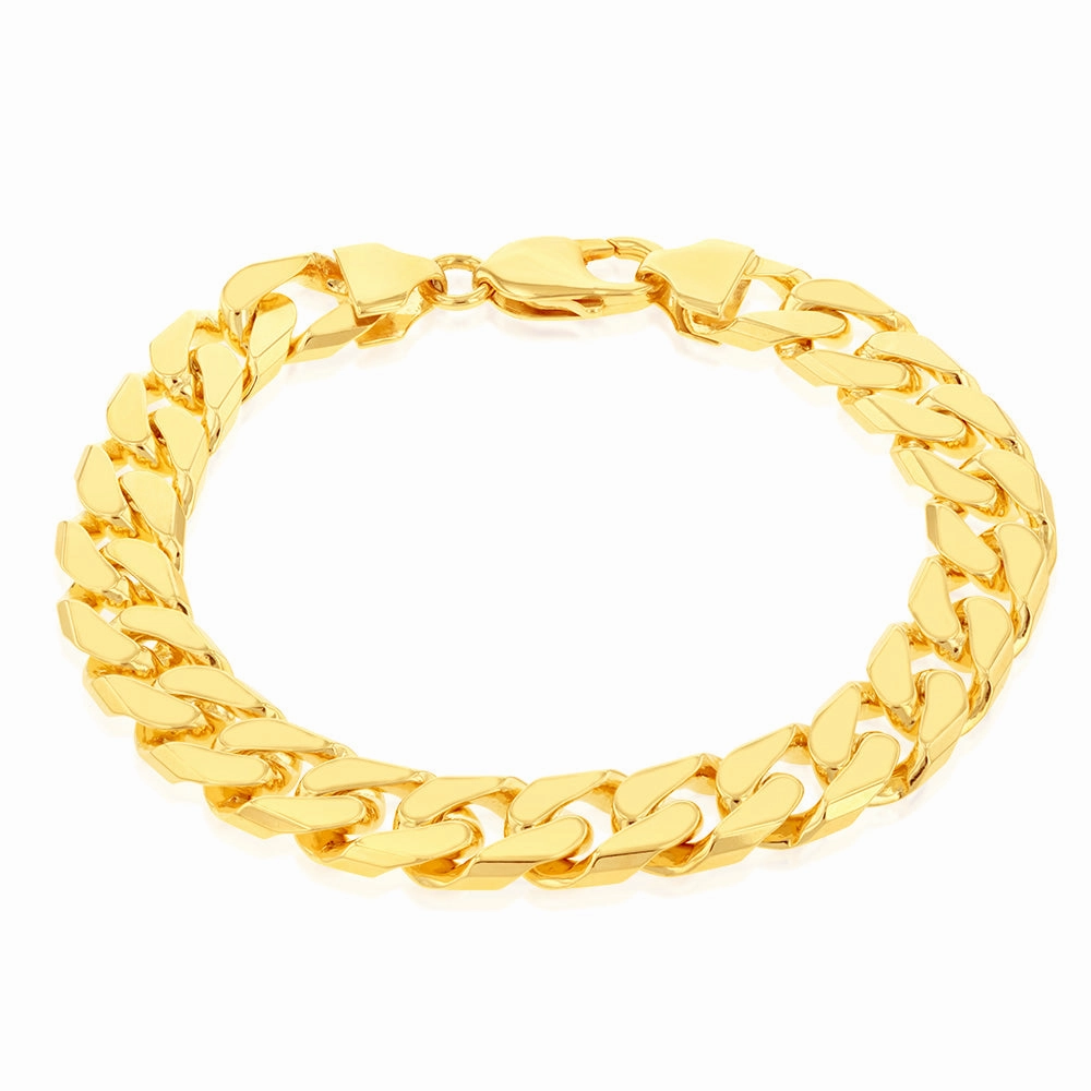 9ct Yellow Solid Gold Heavy Curb Bevelled Flat 23cm Bracelet in 350 gauge Parrot Clasp