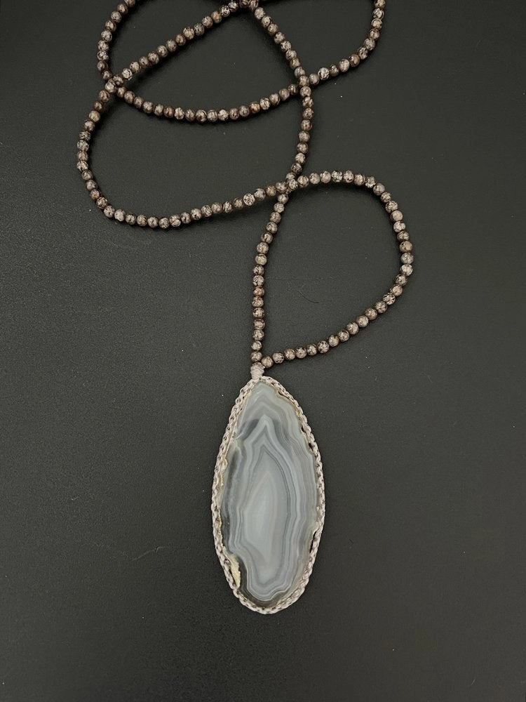 ANN LIGHFOOT - MEDIUM AGATE GEODE PENDANT WITH SNOWFLAKE JASPER STRANDS