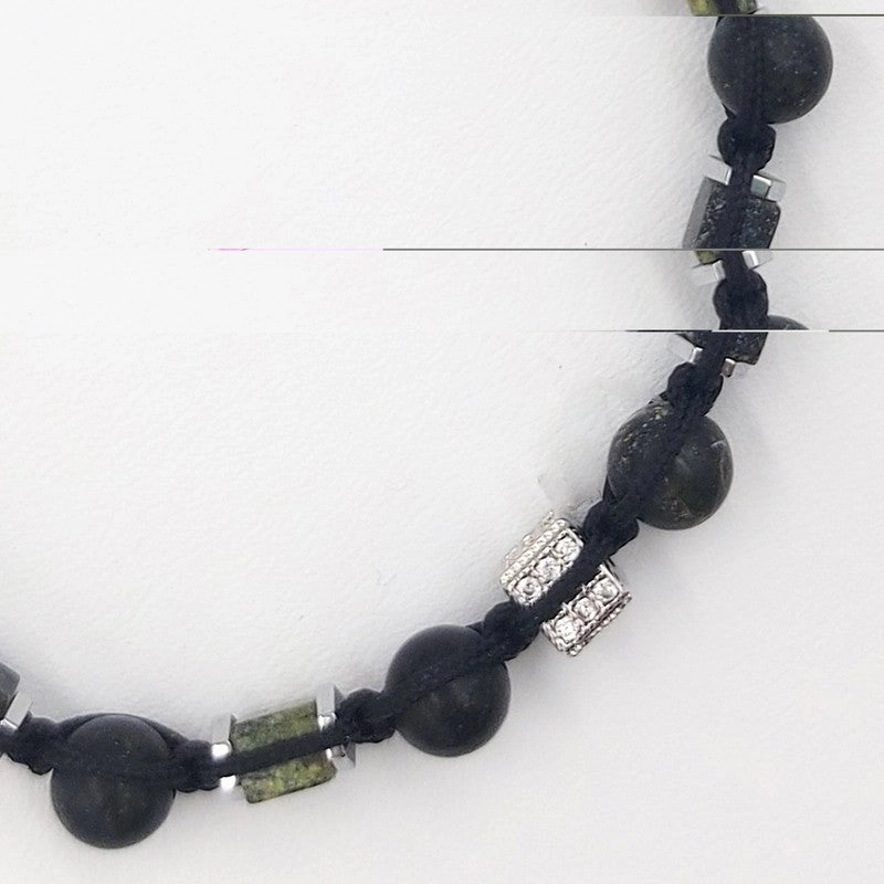 Chrysostomos Handmade Bracelet with Black Cord & Natural Mineral Stones Made of Green Agate