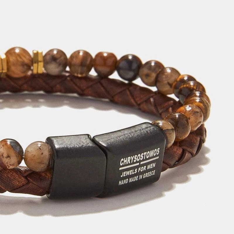 Chrysostomos Handmade Leather Bracelet with Tigera??s Eye