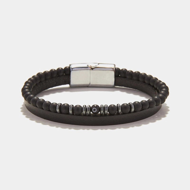 Chrysostomos Handmade Multi-row Lear Bracelet with Natural Mineral Stones of Black Matte Onyx
