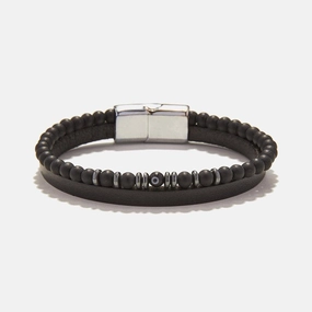 Chrysostomos Handmade Multi-row Lear Bracelet with Natural Mineral Stones of Black Matte Onyx