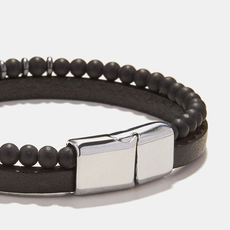 Chrysostomos Handmade Multi-row Lear Bracelet with Natural Mineral Stones of Black Matte Onyx