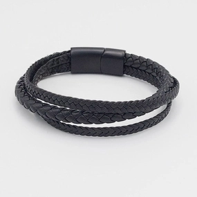 Chrysostomos Handmade Multi-row Lear Bracelet with Three Black Braids