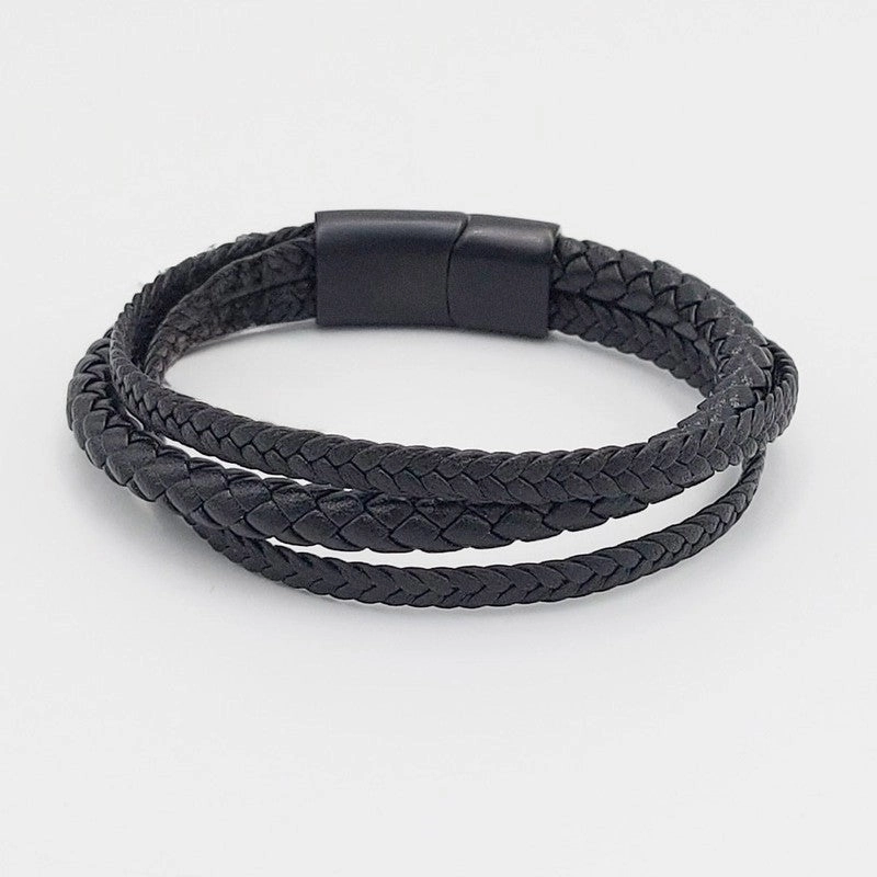 Chrysostomos Handmade Multi-row Lear Bracelet with Three Black Braids