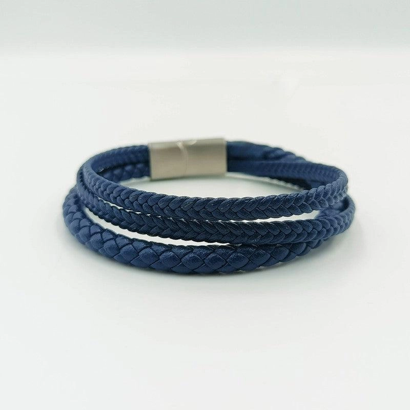 Chrysostomos Handmade Multi-row Lear Bracelet with Three Blue Braids