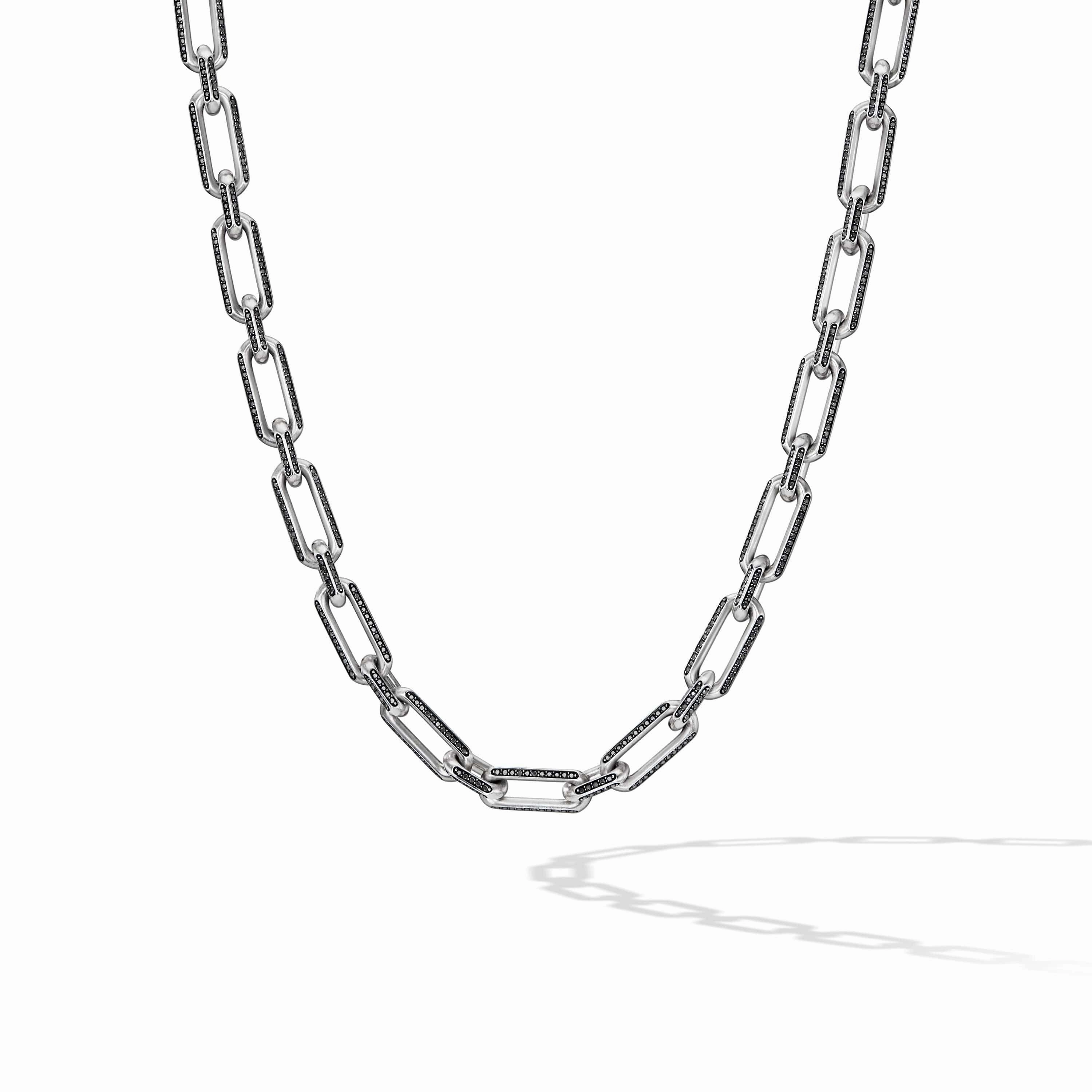 Elongated Open Chain Link Necklace in Sterling Silver with Pave Black Diamonds