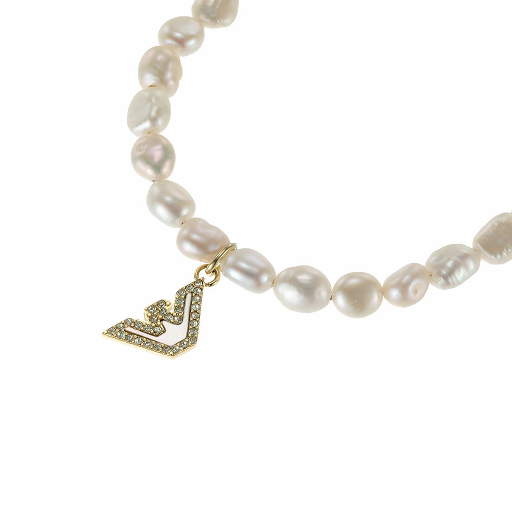 Emporio Armani Gold Plated Stainless Steel Sentimental Logo White Beads Bracelet