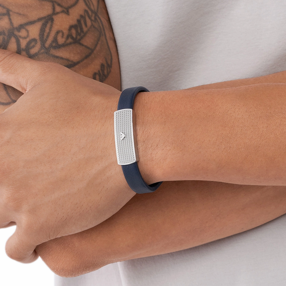 Emporio Armani Stainless Steel Blue Leather ID Bracelet