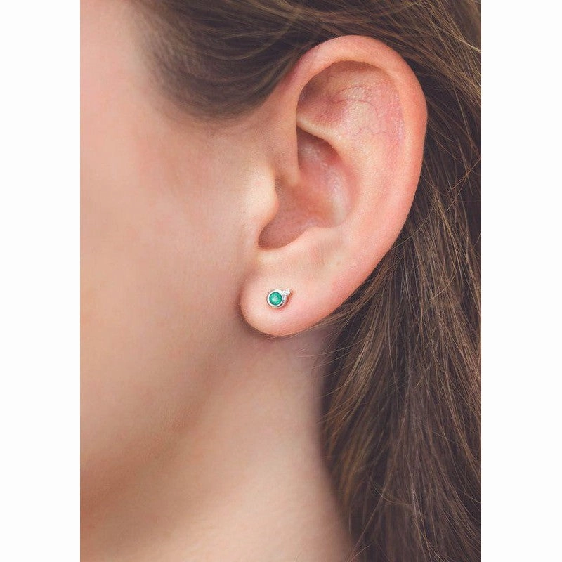 Georgini Natural Green Agate and Two Natural Diamond May Earrings - Silver