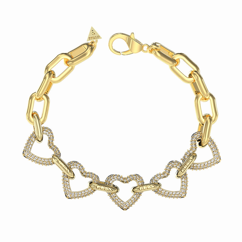 Guess Gold Plated Stainless Steel 15mm Multi Pave Hearts Bracelets