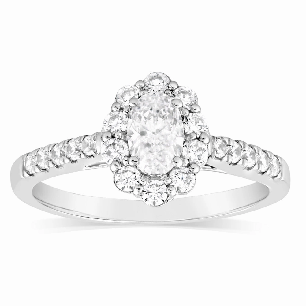 Luminesce Lab Grown 14ct White Gold 1 Carat Diamond Solitaire Fancy Ring with 1/2Carat Central Oval Cut
