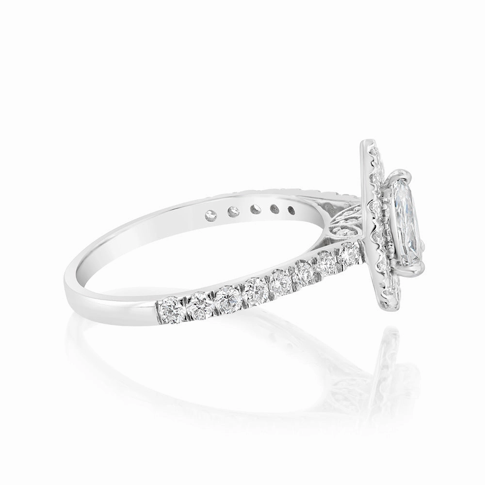 Luminesce Lab Grown 9ct White Gold 1 Carat Diamond Halo Solitaire Ring with Pear Centre Diamond