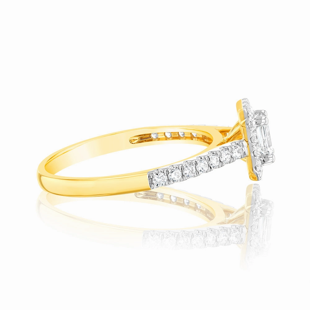 Luminesce Lab Grown 9ct yellow Gold 0.55 Carat Halo Emerald Brilliant Cut Ring