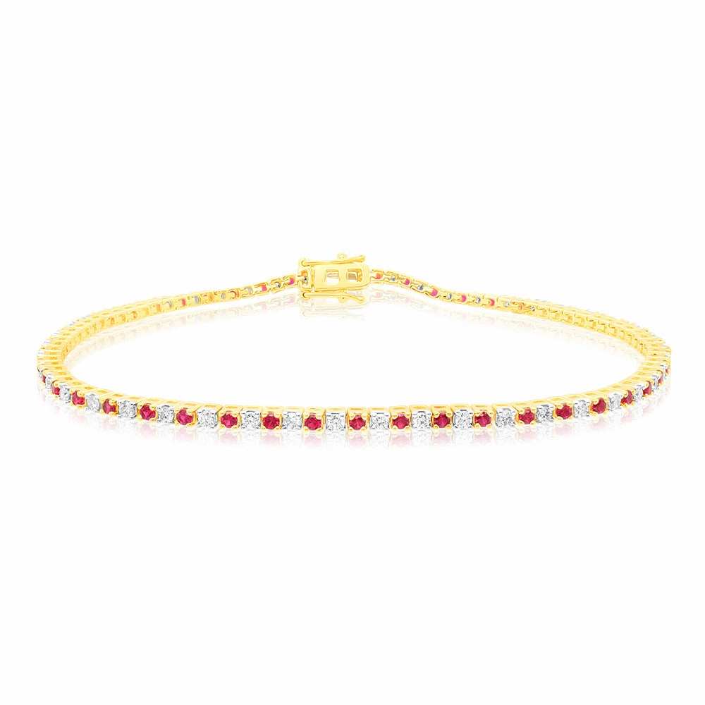 Luminesce Lab Grown 9ct Yellow Gold 0.65 Carat Diamonds   Created Ruby Bracelet