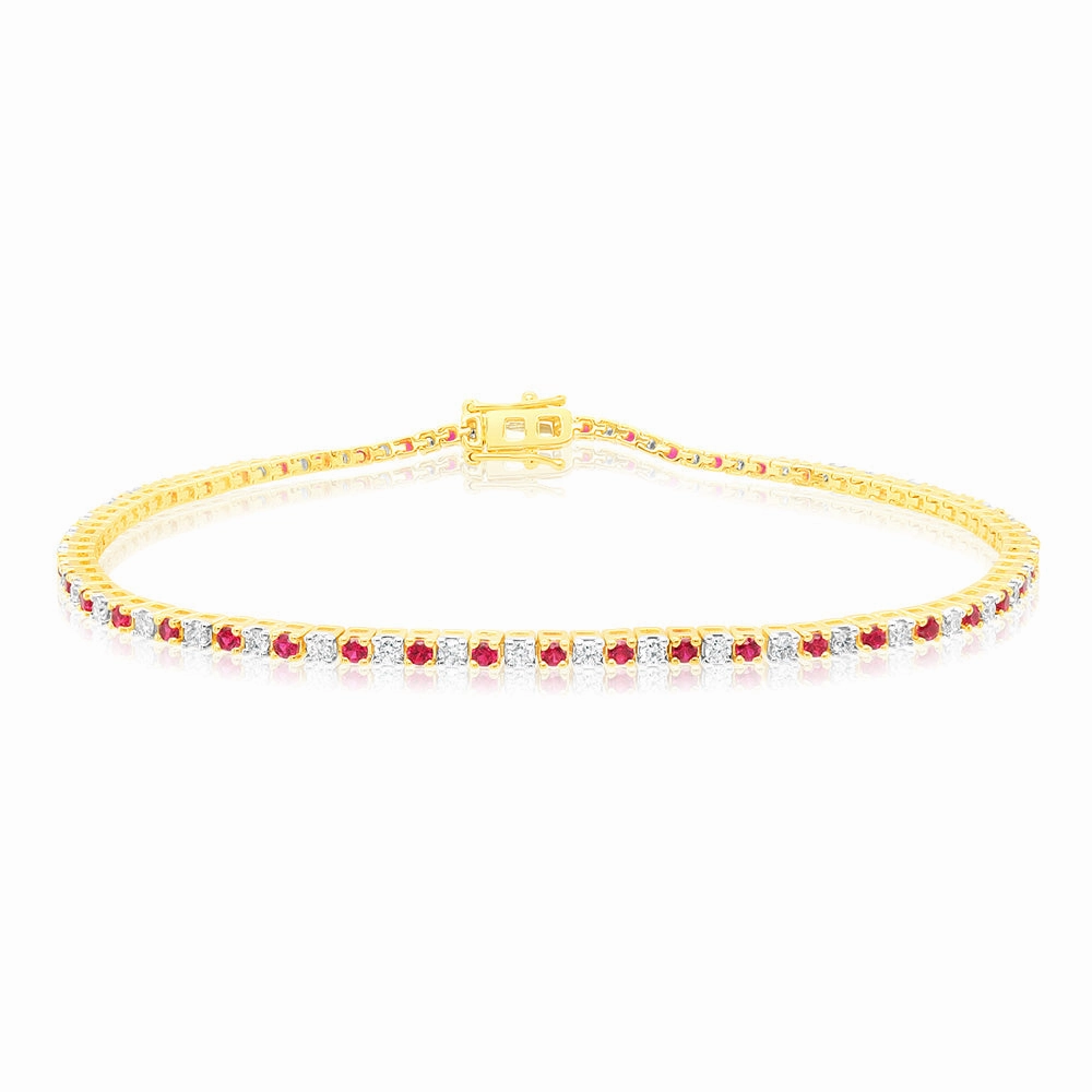 Luminesce Lab Grown 9ct Yellow Gold 0.65 Carat Diamonds   Created Ruby Bracelet