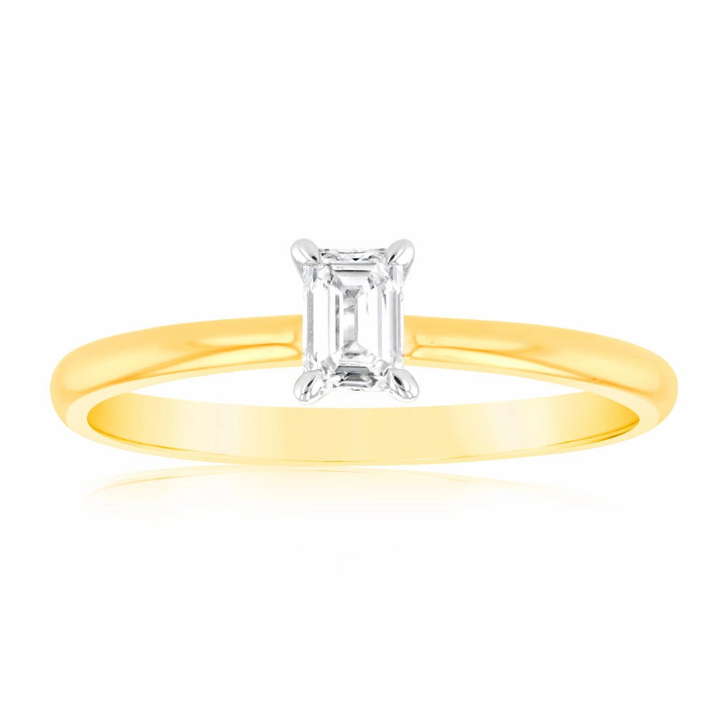 Luminesce Lab Grown 9ct Yellow Gold 1/4 Carat Emerald Cut Solitaire Diamond Ring