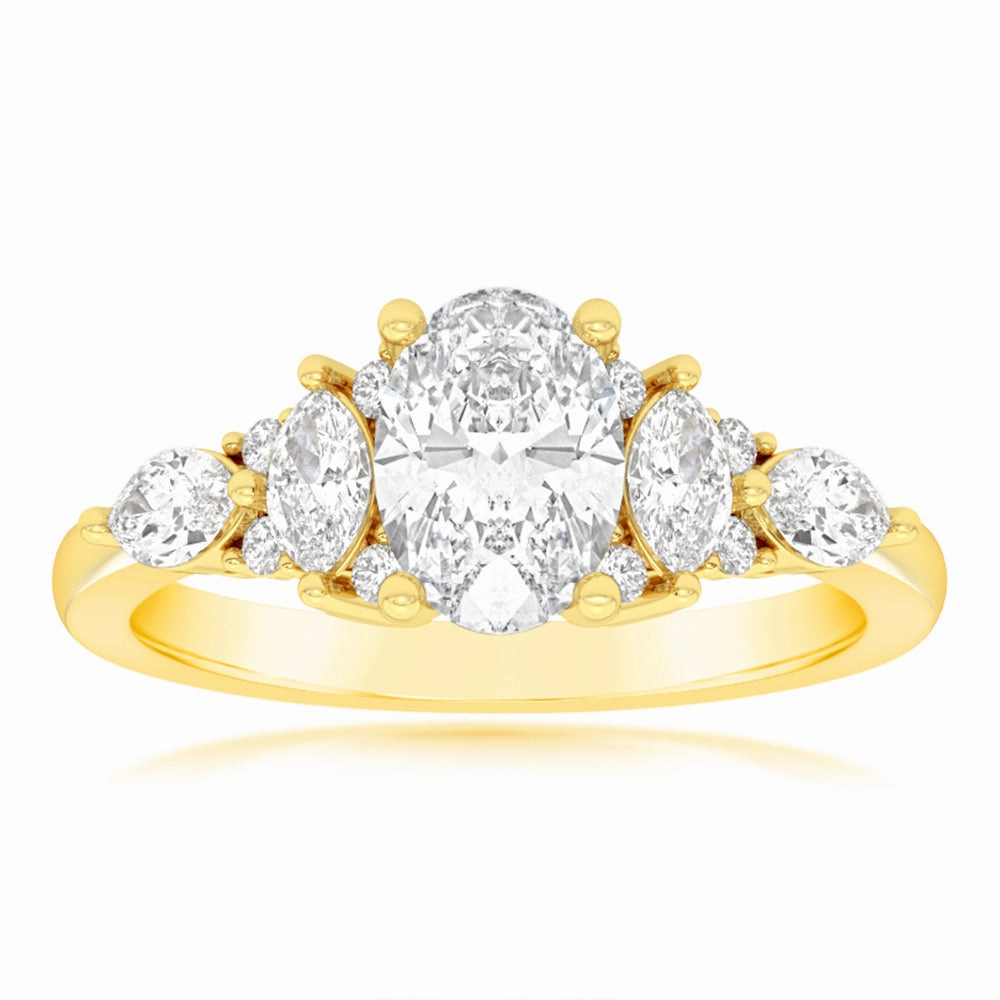 Luminesce Lab Grown 9ct Yellow Gold 1.5 Carat Diamond with 1 Carat Oval Centre Solitaire Fancy Ring