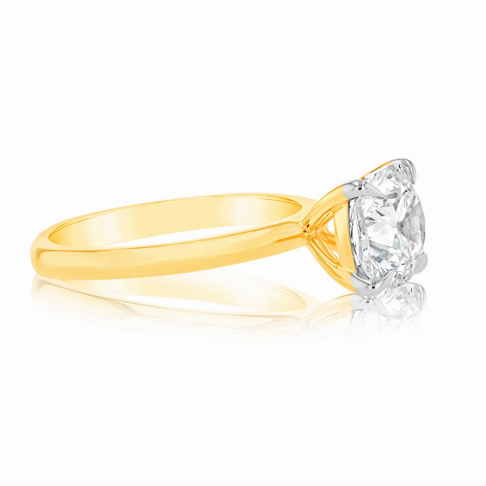 Luminesce Lab Grown Certified 2 Carat Diamond Cushion Cut Engagement Ring in 18ct Yellow Gold