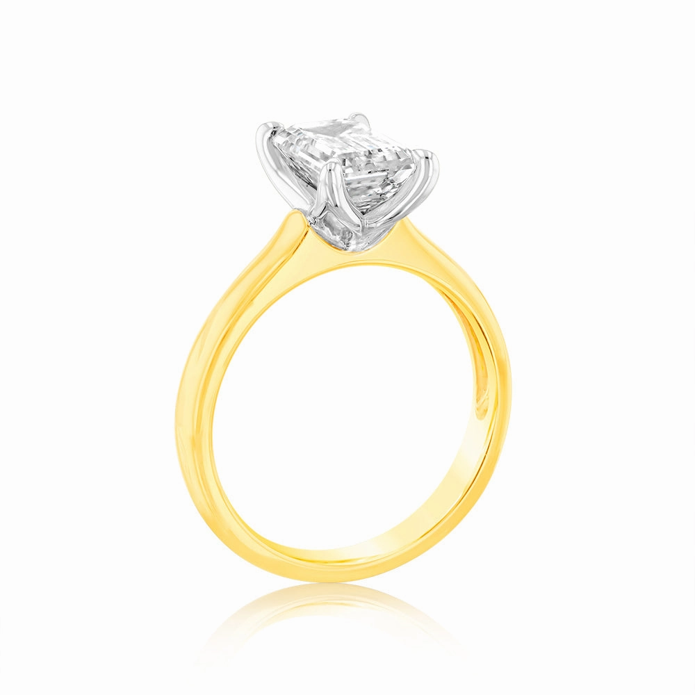 Luminesce Lab Grown Certified 2 Carat Emerald Diamond Engagement Ring in 18ct Yellow Gold