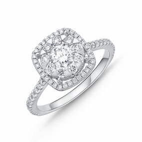 Memoire 18ct White Gold 0.60 Carat Diamond Bouquet Cushion Halo Solitaire Ring
