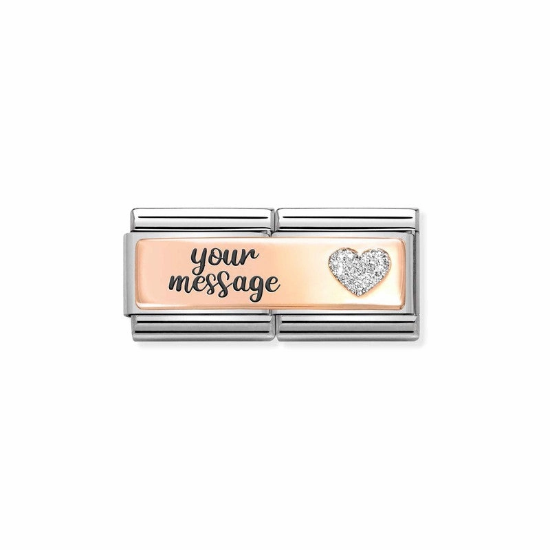 Nomination Composable Double Engraving Link, Heart, 9K Rose Gold & Glitter Enamel