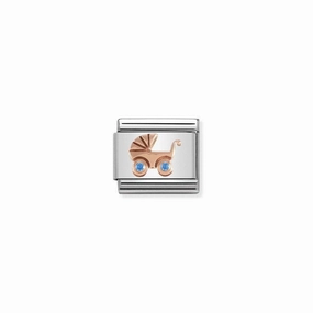 Nomination Composable Link Blue Baby Pram, Cubic Zirconia, 9K Rose Gold