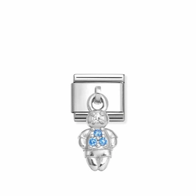 Nomination Composable Link Boy, Light Blue Stones Hanging Charm, Cubic Zirconia, Silver