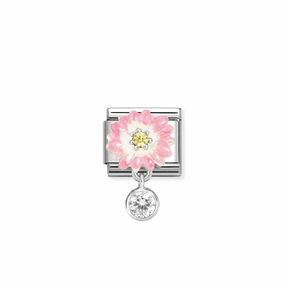 Nomination Composable Link Flower, Round Stone Hanging Charm, Silver & Enamel