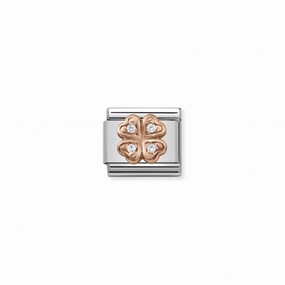 Nomination Composable Link Four-Leaf Clover, White Cubic Zirconia, 9K Rose Gold
