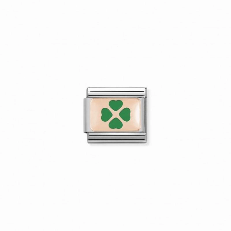 Nomination Composable Link Green Four-Leaf Clover, 9K Rose Gold & Enamel